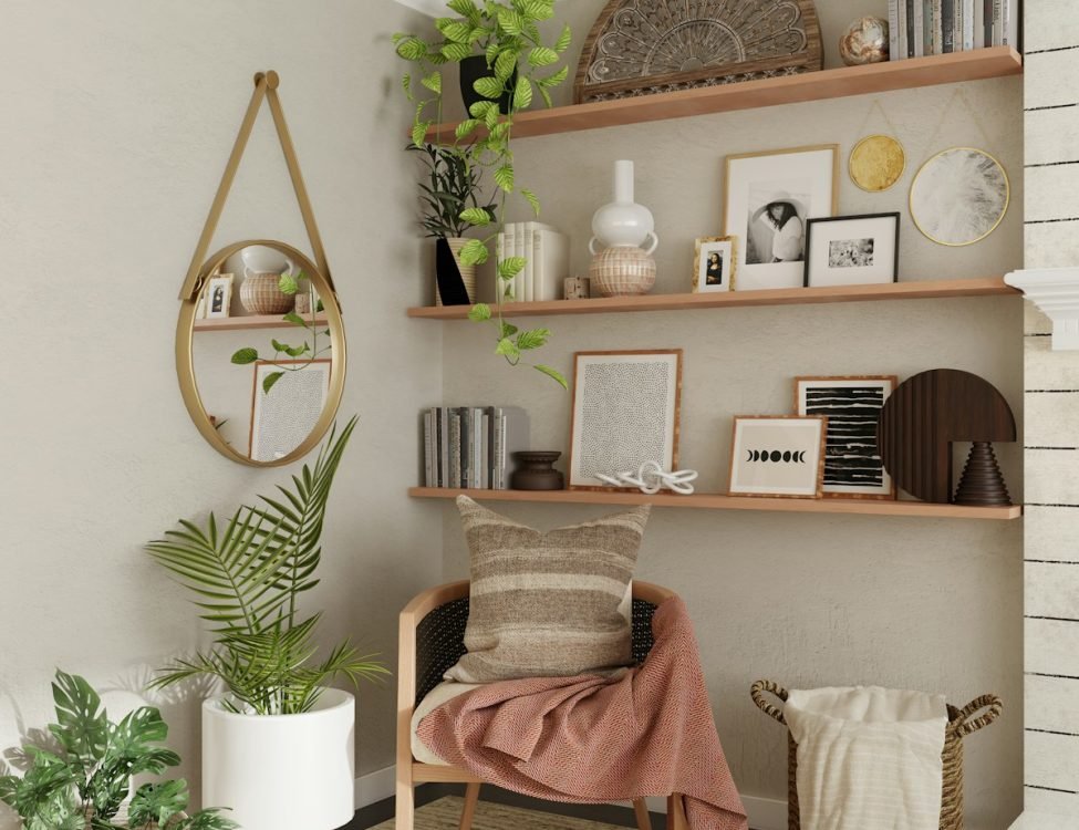 white wooden shelf with assorted items